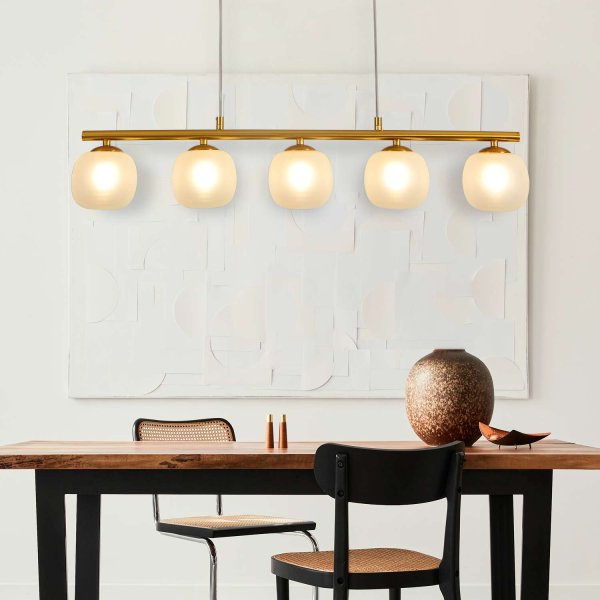 Plafonnier OKO 5 lumières blanc opal et doré, plafonnier en verre doré